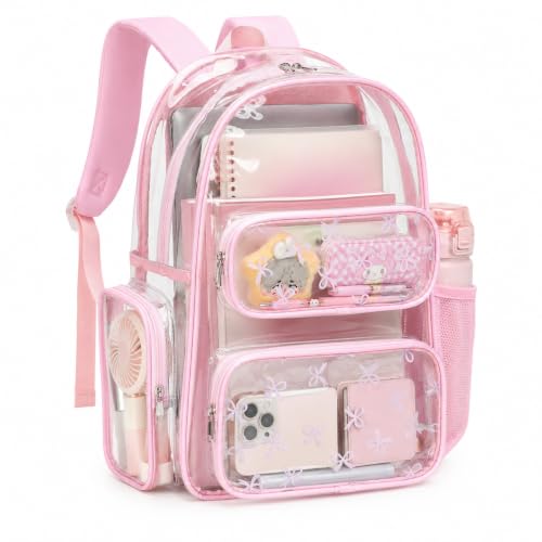 CAMTOP Clear Backpack Heavy Duty Transparent Bag See Through BookBag for Student School Work Festival Sport Travel (Bow Pink, Medium-17‘’) - color: Bow Pink, size: Medium-17‘’