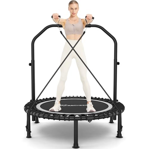 ANCHEER 40"/48" Foldable Mini Trampoline,Max Load 450lbs/550lbs Indoor Trampoline,with 4 Level Adjustable Foam Handle and Resistance Bands,Adult Exercise Trampoline for Home, Garden, and Gym - color: Silver, size: 48 inch