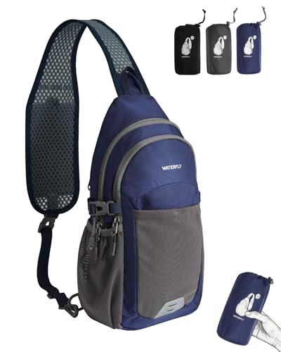 WATERFLY Packable Crossbody Sling Bag: Small Lightweight Travel RFID Blocking Sling Daypack with Water Bottle Holder - Shoulder Chest Bag Backpack for Women Men Hiking Traveling Theme Parks - color: Blue