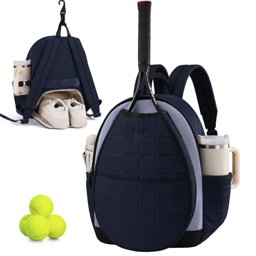 Sucipi Tennis Bags for Women, Quilted Tennis Racket Bag Backpack for Tennis Racquet, Pickleball Paddles, Badminton - color: Ink Blue-grey blue-black with cup holder, size: Medium with Shoe Compartment