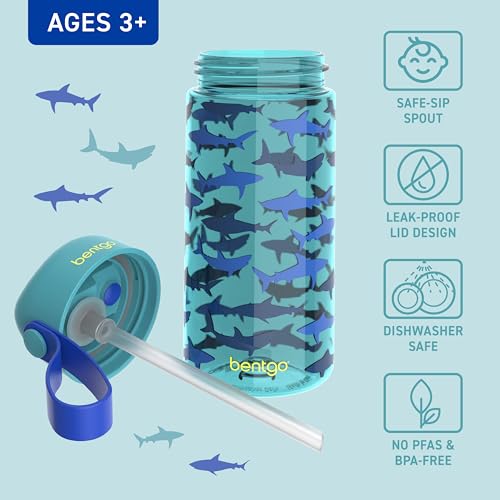 Bentgo Kids Water Bottle - Leak-Proof, Durable Tritan PFAS- & BPA-Free 15 fl oz, Kids/Toddlers Ages 3+ for School & Sports; Bite & Sip Spout, Carrying Handle, Dishwasher Safe (Sharks) - color: Shark