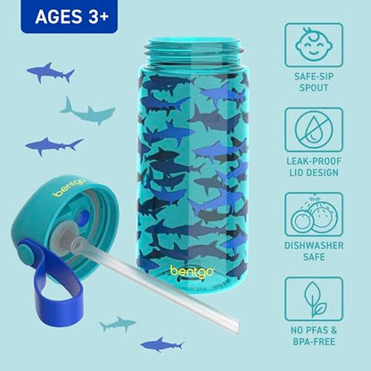 Bentgo Kids Water Bottle - Leak-Proof, Durable Tritan PFAS- & BPA-Free 15 fl oz, Kids/Toddlers Ages 3+ for School & Sports; Bite & Sip Spout, Carrying Handle, Dishwasher Safe (Sharks) - color: Shark