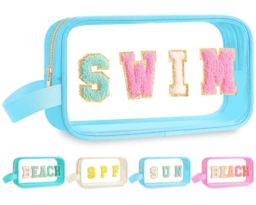 Kacctyen Swim Bag Swimsuit Clear Swimming Bag Swim Team Gift Accessories Chenille Letter Nylon Cosmetics Makeup Toiletry Small Pool Bags Waterproof Pouch for Women Swimmers Beach - color: Blue, style: Swim