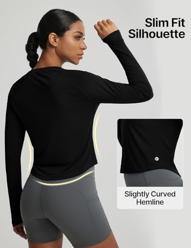 baleaf Women's UPF 50+ Long Sleeve Sun Shirts Crop Rash Guard UV Workout Tops SPF Slim Fit Lightweight Athletic Hiking - color: Black, size: Small