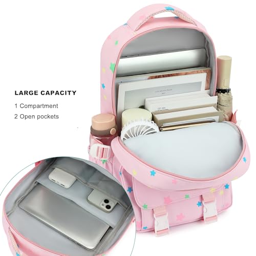 RRTGNEI Kids High Middle School Backpack for Girls 5-12 Kawaii Travel Star Bookbag,Pink Star - color: Pink Star