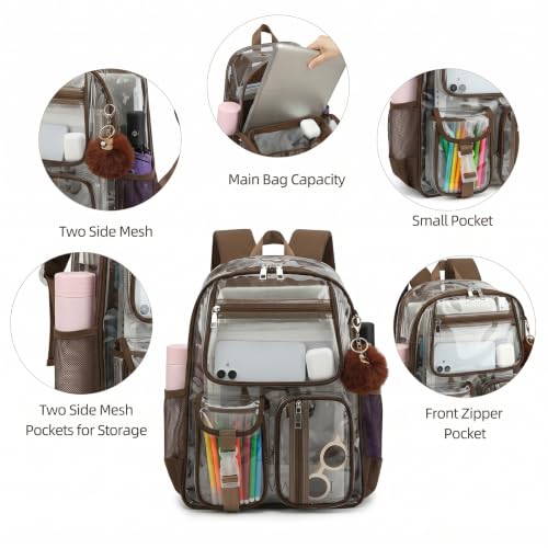 Clear Backpacks for Girls Boys, Heavy Duty PVC Transparent School Bookbag See Through Back Pack for College Work Travel (Coffee) - color: Coffee