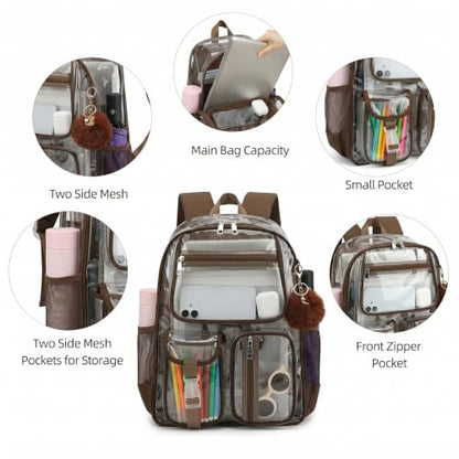 Clear Backpacks for Girls Boys, Heavy Duty PVC Transparent School Bookbag See Through Back Pack for College Work Travel (Coffee) - color: Coffee