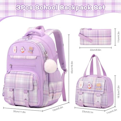 3PCS School Backpack for Girls, Girls Backpack with Lunch Box, Pencil Case, Cute Kawaii Plaid Book Bag for Teen Girl Kindergarten Elementary Preschool Middle High School, Purple - color: Purple
