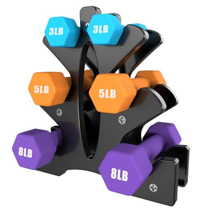 Portzon Weights Dumbbells Set 3, 5, 8, and 10 Pound Neoprene Dumbbell Free Hand Weight Set with Rack, Ideal for Home Exercises, 32 LB, Anti-Slip, Anti-roll, Hex Shape - color: Blue+Orange+Black