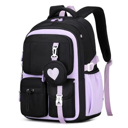 MOONBABY Girls Backpack, Kids Backpack for Girls, School bag for Primary Elementary Teenage, Middle School Students Bookbag - color: Black Purple