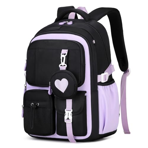 MOONBABY Girls Backpack, Kids Backpack for Girls, School bag for Primary Elementary Teenage, Middle School Students Bookbag - color: Black Purple