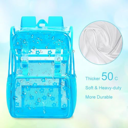 17" Clear Backpack for Girls, School Kids Transparent Bookbag Set, 3Pcs Stadium Approved See Through Backpack with Lunch Box (Blue) - color: Plum Blossom Blue