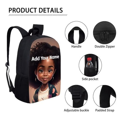Custom Name Backpack for Girls 10-12/8-10 African Bookbag Kids School Bag 4Th Grade/5Th Grade With Side Pockets Black Schoolbag Personalized - color: African Black Girl-22