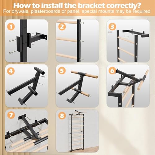 Swedish Ladder, Wood Stall Bars Suspension Trainer with Pull-Up Bar & Rings for Straps, Swedish ladders Wall Gym Adult, Wall-Mounted Workout Ladder