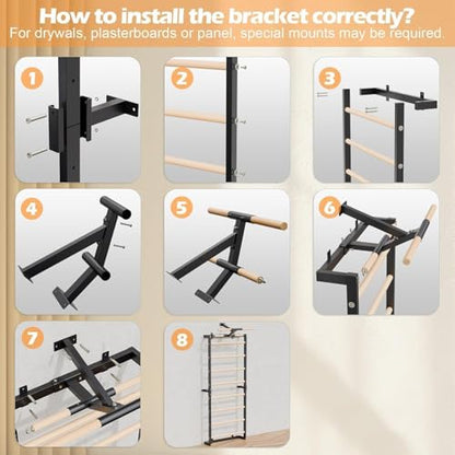 Swedish Ladder, Wood Stall Bars Suspension Trainer with Pull-Up Bar & Rings for Straps, Swedish ladders Wall Gym Adult, Wall-Mounted Workout Ladder