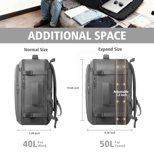 tazbuzo Travel Backpack, Extra Large 50L Flight Approved Carry on Backpack, Expandable Waterproof Business Suitcase Daypack Big Bag Fits 18.4 Inch Laptop, Grey - color: Grey
