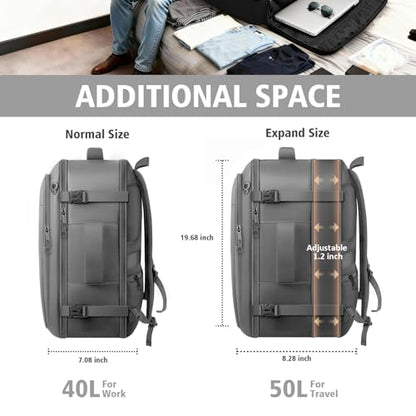 tazbuzo Travel Backpack, Extra Large 50L Flight Approved Carry on Backpack, Expandable Waterproof Business Suitcase Daypack Big Bag Fits 18.4 Inch Laptop, Grey - color: Grey