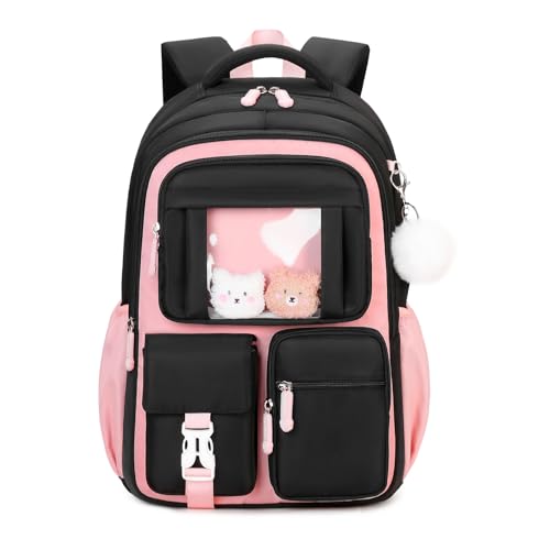 Kids Backpack for Girls School Bags for Middle School Students Book Bag for Elementary Primary Kawaii Ita Backpack, Black and Pink - color: Black and Pink