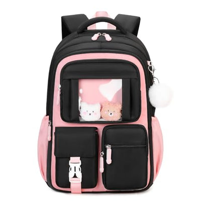 Kids Backpack for Girls School Bags for Middle School Students Book Bag for Elementary Primary Kawaii Ita Backpack, Black and Pink - color: Black and Pink