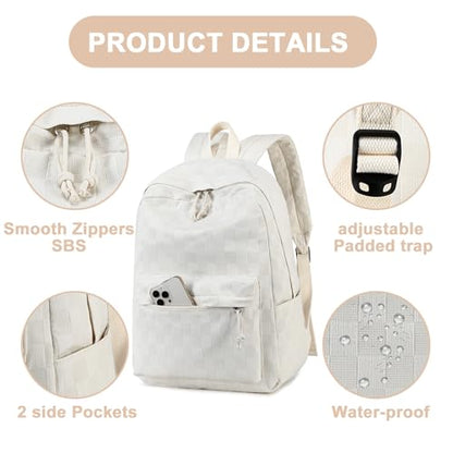 LEDAOU Kids Backpack for Girls Backpacks with Lunch Box, Lightweight Bookbag Set Elementary Middle School Back pack for 8-14 - color: Beige Checkered