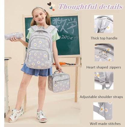 3Pcs Flower Daisy Backpack for Girls with Lunch Box Kids School Bag - color: Black