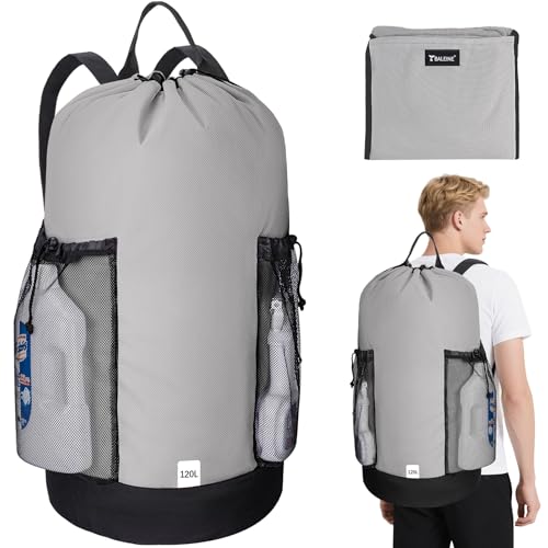 BALEINE 120L Laundry Bag Backpack, 900D Oxford Fabric Large Travel Laundry Bags with Shoulder Straps and 2 Mesh Pockets for College Dorm, Apartment, Laundromat (Gray, 120L) - color: Gray, size: 120L