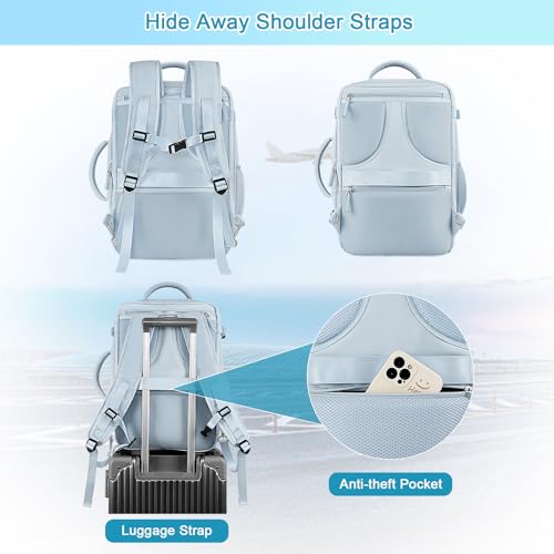Sinaliy Large Expandable Travel Backpack for Men and Women, 17 Inch Laptop, Waterproof, Casual, College, Business, Hiking, Camping - color: Light Blue