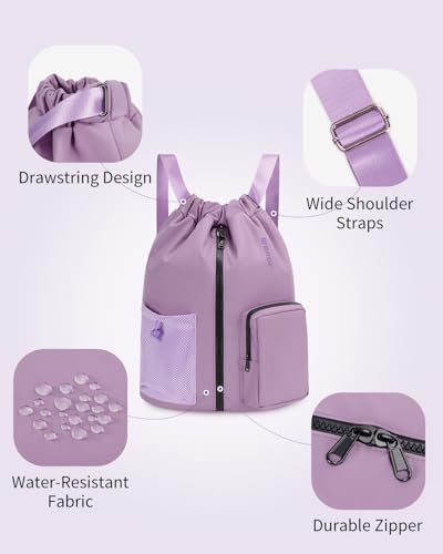 WANDF Drawstring Backpack Sports Gym Bag with Shoes Compartment, Water-Resistant String Beach Sackpack Swim Bag for Women and Men (Lilac Purple) | with Shoes Compartment - color: Lilac Purple