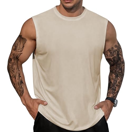 Mens Tank Shirt Casual Sleeveless Soild Color Tops Summer Quick Dry Workout Gym Muscle - color: Beige, size: Medium