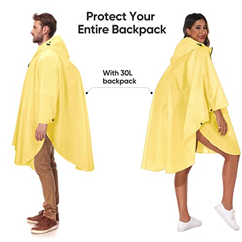 PTEROMY Hooded Rain Poncho for Adult with Pocket and Zipper, Waterproof Lightweight Raincoat for Men and Women - color: Yellow