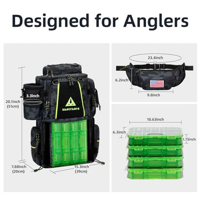 Ghosthorn Fishing Tackle Backpack with 4 3600 Tackle Boxes Rod Holder Outdoor 43L Large Bag with Detachable Wasit Bag Storage Gear and Equipment Waterproof - color: With 3600*4 Black Camouflage (43l)