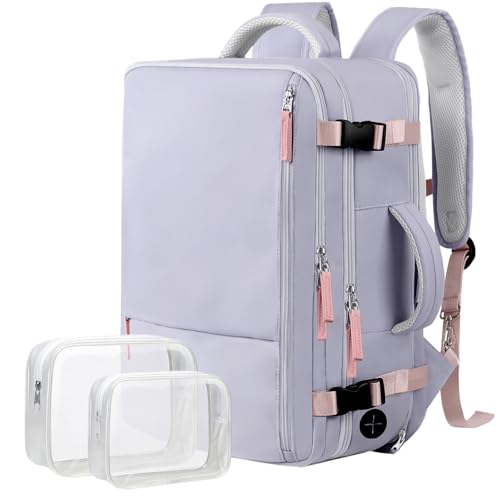 Hanples Large Travel Backpack for Women as Person Item Flight Approved, Waterproof 40L Carry On Backpack, 17 Inch Laptop Backpack for Business Bag with 2 Toiletry Bags (Gray Purple) - color: Gray Purple, size: X-Large