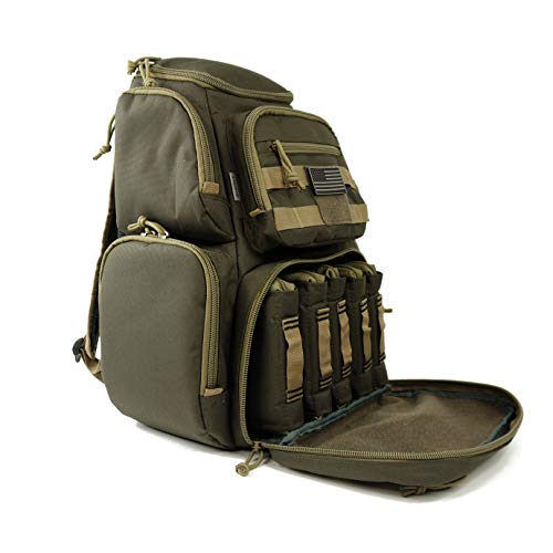 K-Cliffs Tactical Range Backpack – Lockable Bag for 5 Handguns Pouches – 900D Water‑Resistant with Rain Cover & USA Patch - color: Khaki With 5 Pouches