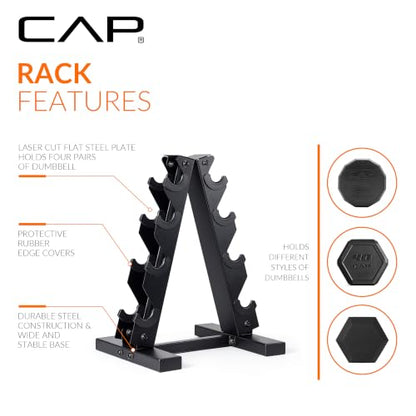 CAP Rubber Coated Hex Dumbbell Set with Storage Rack | 100–210 lb Options, Space-Saving Vertical Compact Storage for Home Gym Strength Training - size: 100 lb - Set, style: 12-Sided Black Handle
