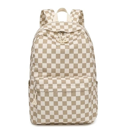 Bluboon School Backpack for Teen Girls Women Laptop Backpack College Bookbags Middle School Travel Work Commuter Back Pack - color: Brown White Grid