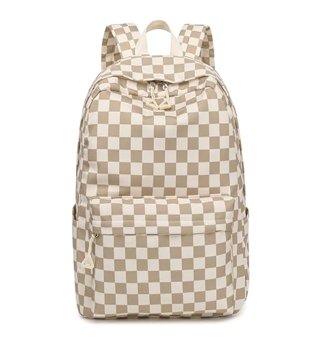 Bluboon School Backpack for Teen Girls Women Laptop Backpack College Bookbags Middle School Travel Work Commuter Back Pack - color: Brown White Grid