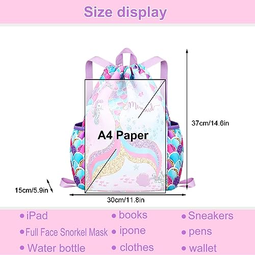 RHCPFOVR Drawstring Backpack for Kids - Mermaid Bags for Girls Gym Dance Beach Swim Travel Bag With Two Water Bottle Holder - color: Mermaid