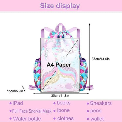 RHCPFOVR Drawstring Backpack for Kids - Mermaid Bags for Girls Gym Dance Beach Swim Travel Bag With Two Water Bottle Holder - color: Mermaid
