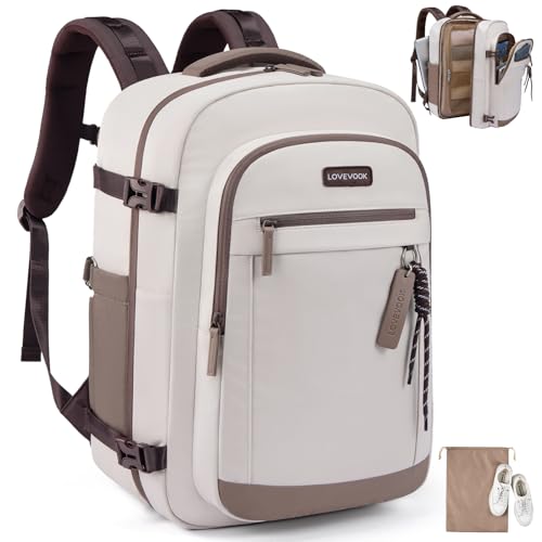 LOVEVOOK 40L Travel Backpack for Women, Airline Approved Carry On Luggage, TSA Personal Item Bag fits 15.6 Inch Laptop, Weekender Overnight Suitcase for Work - color: A-pinkish-white Coffee, size: 40L-2Pcs