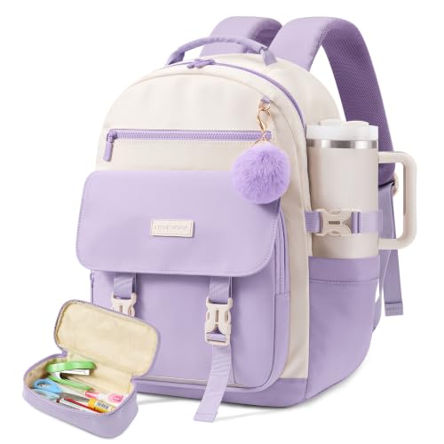 LOVEVOOK School Backpack for Teen Girls, 14-18 Casual Large Capacity Student Laptop Backpack with Pencil Case, 15.6 Inch Bookbag for College, Middle & High School, Gift for Girls - color: Beige and Purple, size: 15.6 inche- 2Pcs