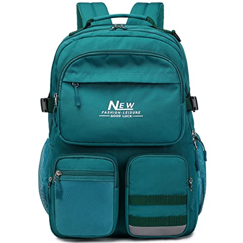 Water Resistant Backpack for Teen Girls Boys Students, Casual Multi Pockets Daypack with 15.6 inch Laptop pocket for Travel School College (Dark Green) - color: Dark Green With Embroidery
