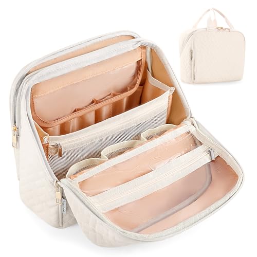 Standing Makeup Bag, Large Capacity with Room for Brushes and Mirror, Travel Makeup Organizer, Portable Stand Up Make Up Case, Waterproof Cosmetic Toiletry Bags with Handle, Color Cream White - color: Cream White