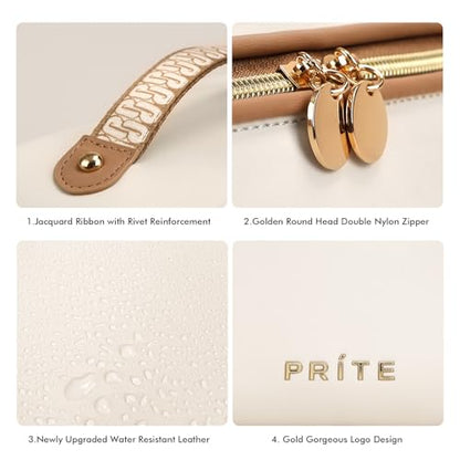 Prite Makeup Bag for Women Travel Waterproof Vegan Leather Cosmetic Bag Open Flat Toiletry Bag With Clear Divider and Handle (Beige, Large) - color: Beige, size: Large