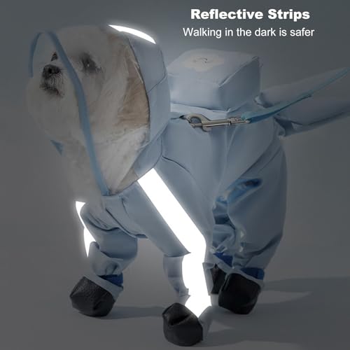 Junchl Small Dog Raincoat Rainboots with D-Ring, Full Coverage Dog Rain Jacket Slicker Poncho, Waterproof Dog Rain Jacket with Reflective Strip, Rainboot, Tail Cover Blue Backpack S - color: Blue Backpack, size: S:Back 10"(3-5lb)