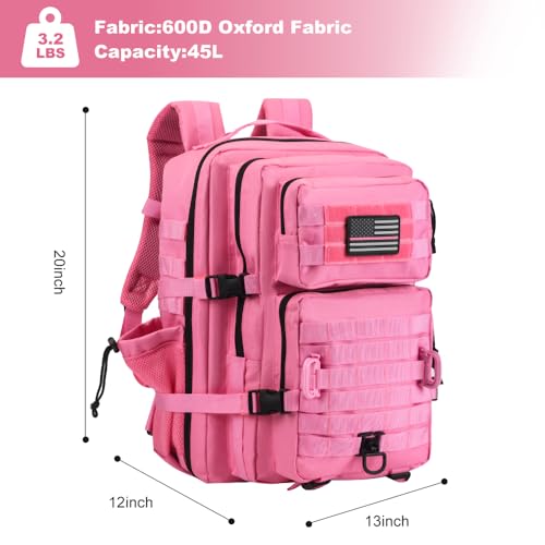 Hannibal Tactical 45L MOLLE Assault Backpack, Tactical Backpack Military Army Camping Rucksack with Bottle Holder, 3-Day Pack Trip w/USA Flag Patch, D-Rings, Pink - color: Pink, size: 45L