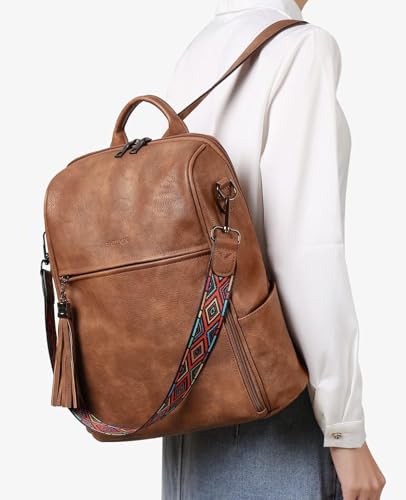 FADEON Leather Backpack Purse for Women Designer Travel Backpack Purses PU Fashion Ladies Shoulder Bag with Tassel Brown - color: 1 Brown Retro Style, size: Medium (14-in Height)