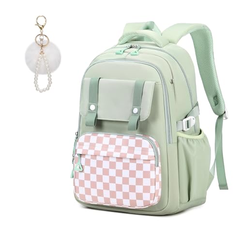 MUSEVOS Girls Backpack, Ideal School Backpack for Girls from Elementary to Teen Years, Kawaii Bookbag Cute Large Capacity, Checkered, Green - color: Green