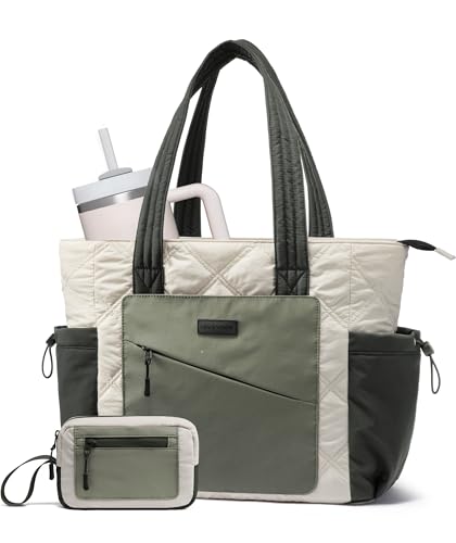 LOVEVOOK Tote Bag for Women, puffer tote bag for Work Travel Nurse, Lightweight quilted Bags with Compartments - color: M-15.6 Inch-cream-green