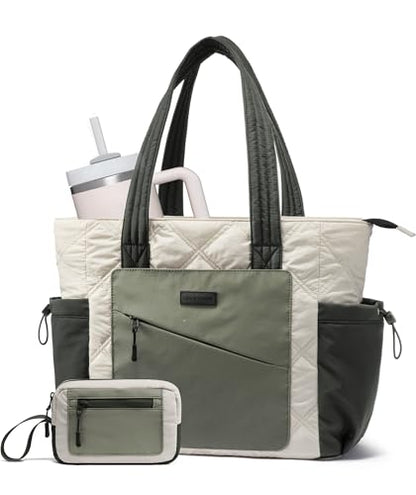 LOVEVOOK Tote Bag for Women, puffer tote bag for Work Travel Nurse, Lightweight quilted Bags with Compartments - color: L-17.3 Inch-cream-green