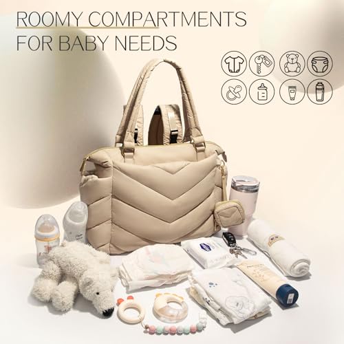 Diaper Bag Tote, Diaper Bag Backpack,Puffer Tote Bag with Pacifier Case, Lightweight Mommy for Hospital, Puffy with 10 Pockets, Convertible Baby for Travel, Apricot - color: Apricot
